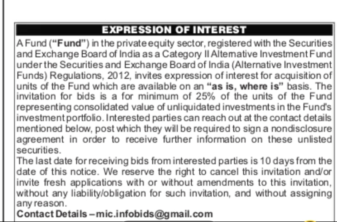 Expression of Interest- Private Equity Fund Units Sale