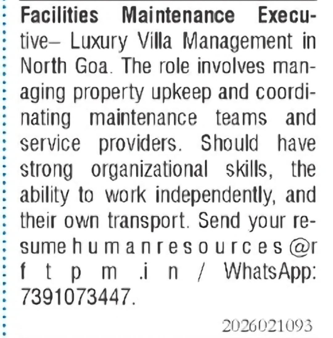 Facilities Maintenance Executive – Luxury Villa Management
