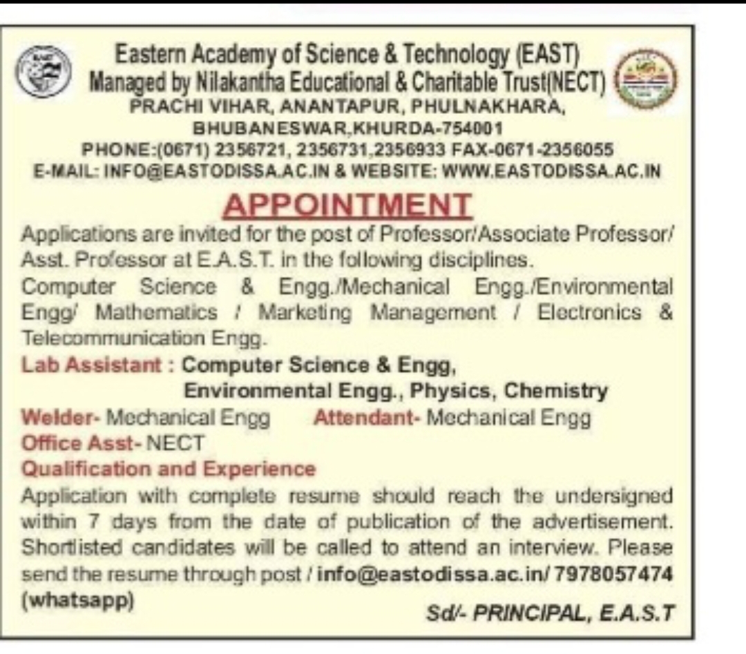 Faculty and Staff Recruitment at Eastern Academy of Science & Technology (EAST), Bhubaneswar