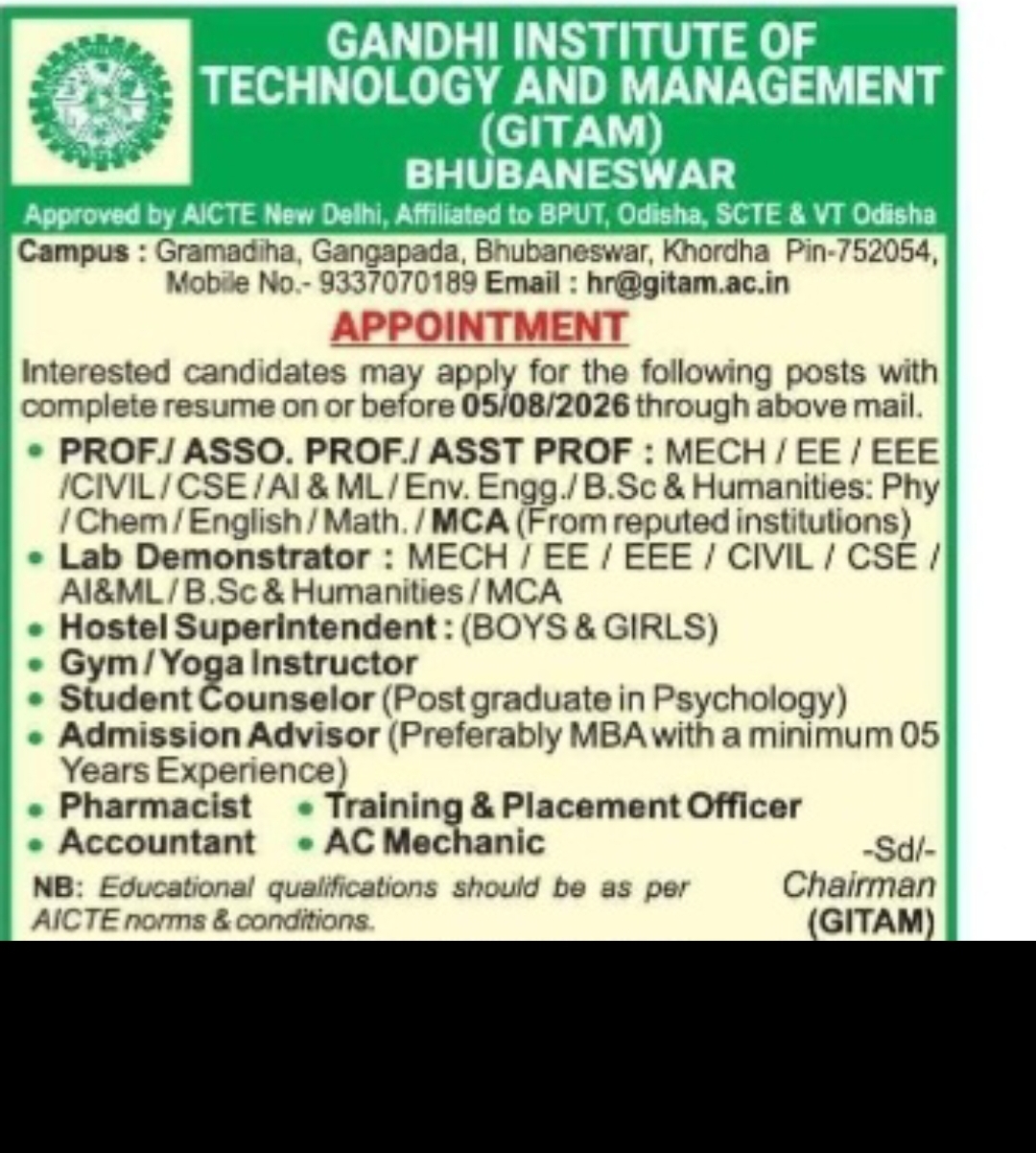 Faculty and Staff Recruitment at GITAM, Bhubaneswar