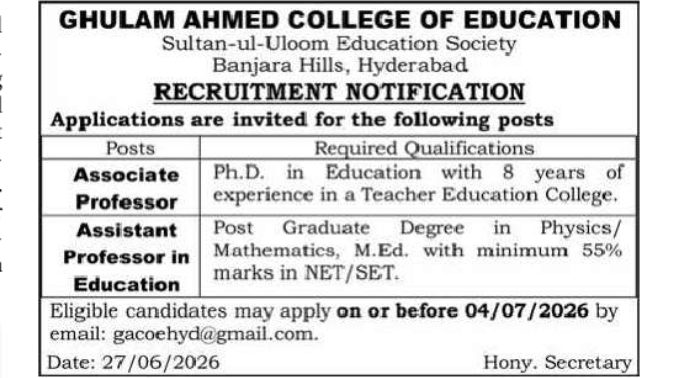 Faculty Recruitment | Ghulam Ahmed College of Education, Hyderabad