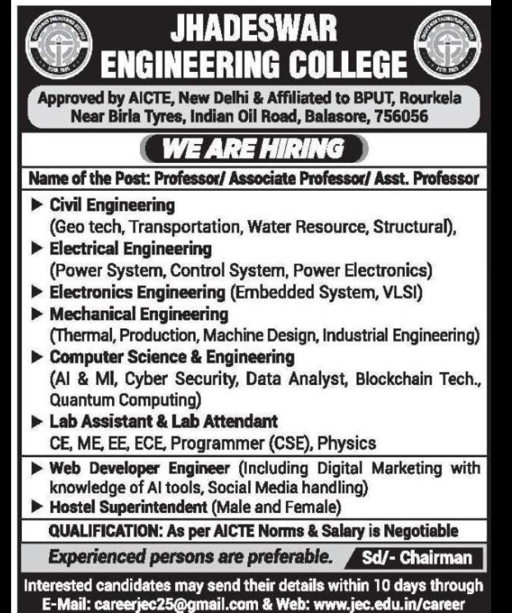 Faculty & Staff Recruitment 2026 – Jhadeswar Engineering College, Balasore