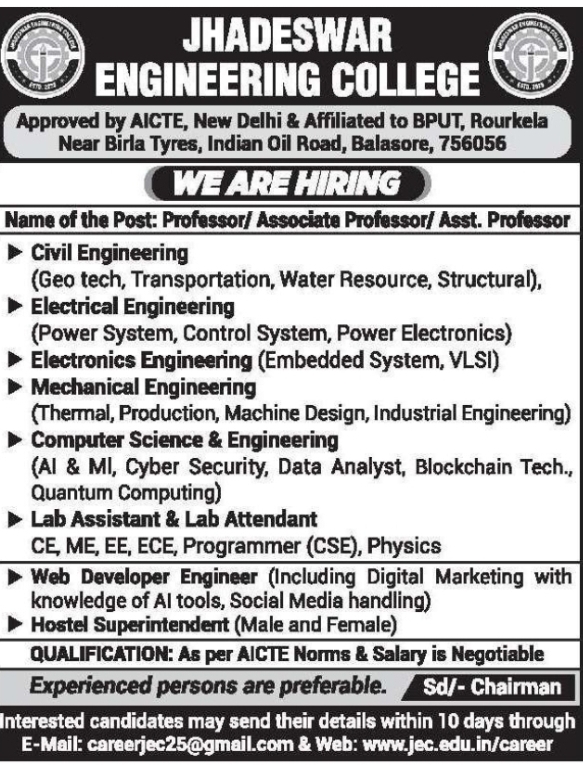 Faculty & Staff Recruitment at Jhadeswar Engineering College