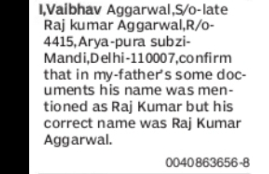 FATHER'S NAME CLARIFICATION OF VAIBHAV AGGARWAL