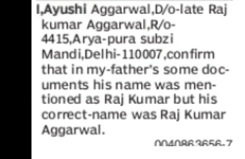 FATHER'S NAME CORRECTION NOTICE – AYUSHI AGGARWAL