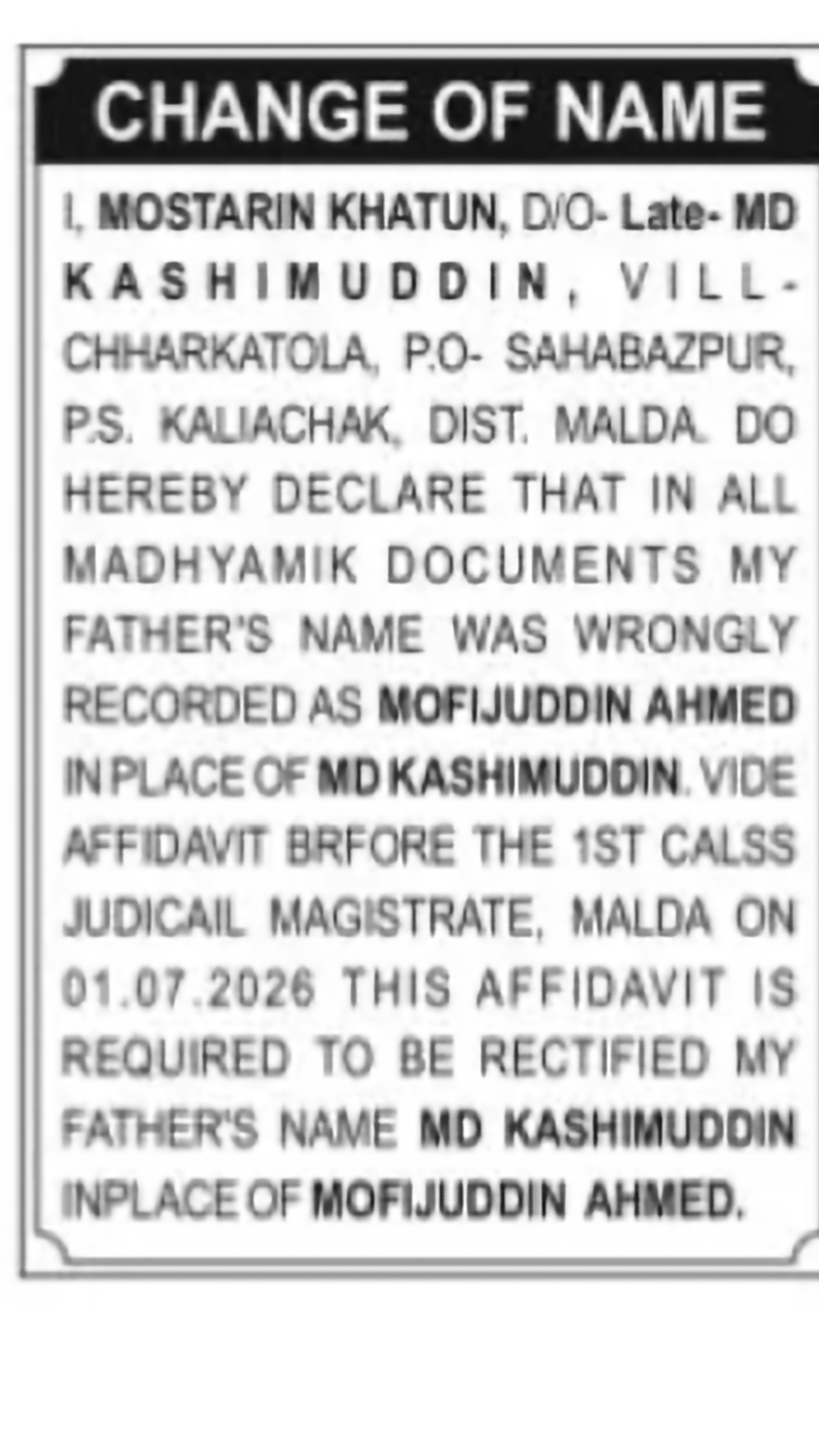Father's Name Correction Notice – Mostarin Khatun