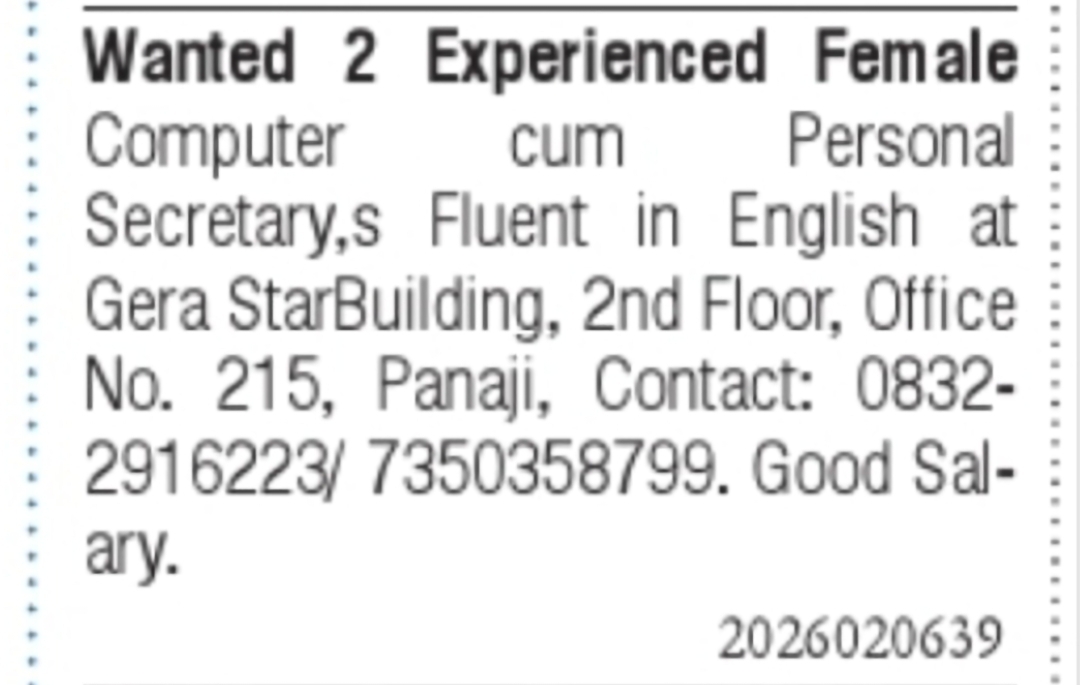 Female Computer Cum Personal Secretary Required – Panaji, Goa