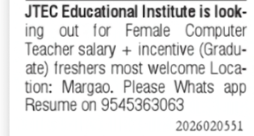 Female Computer Teacher Required – JTEC Educational Institute, Margao