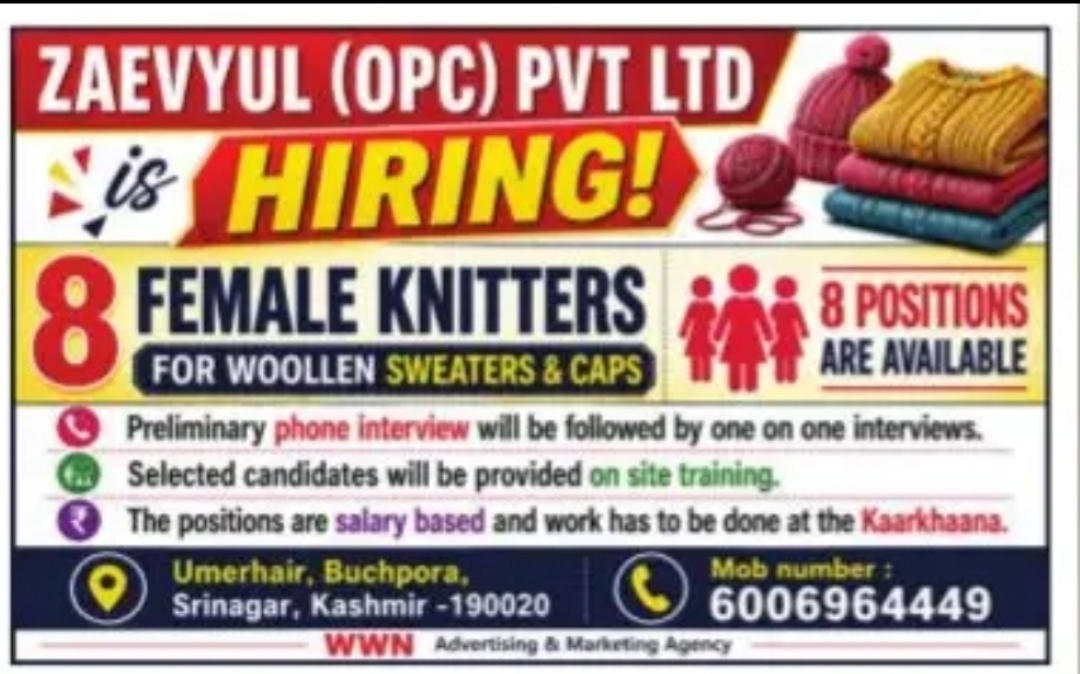 Female Knitters Hiring – Zaevyul (OPC) Private Limited, Srinagar