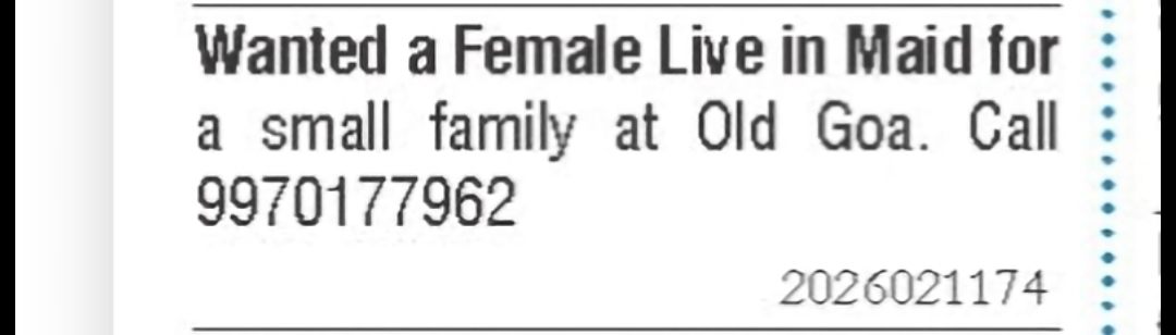 Female Live-In Maid Required – Old Goa