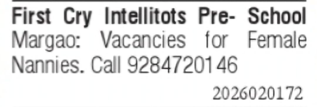Female Nannies Required at First Cry Intellitots Pre-School