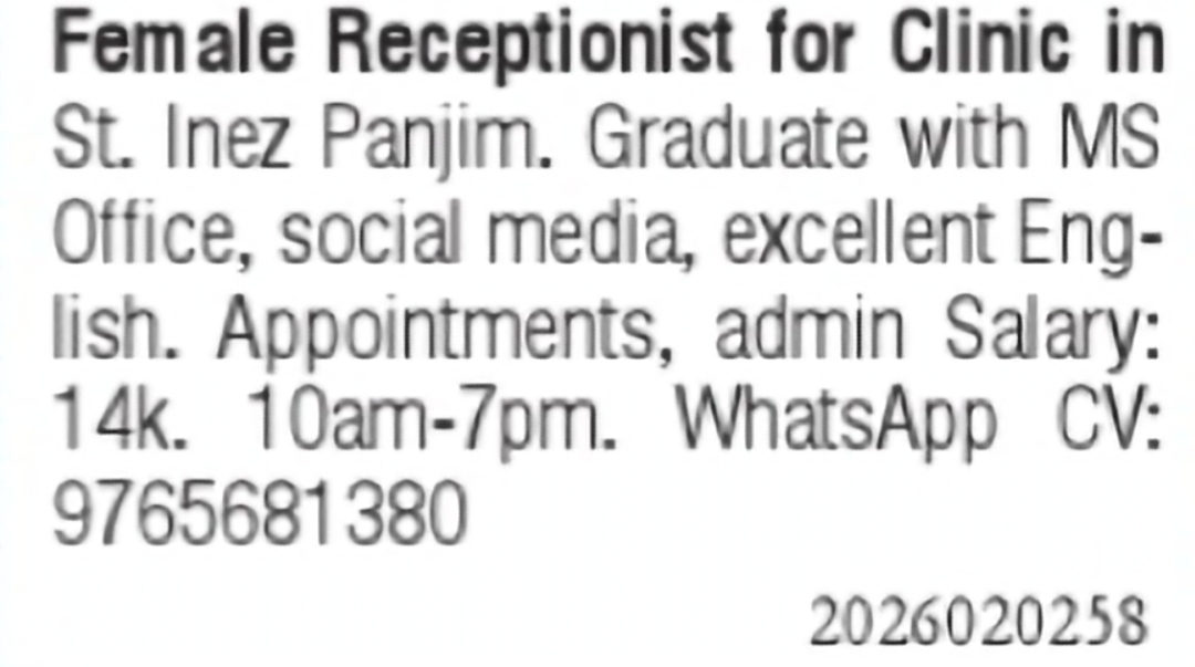 Female Receptionist Required for Clinic in St. Inez, Panjim