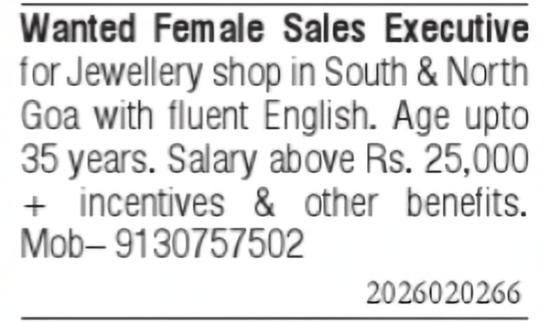 Female Sales Executive Required for Jewellery Shop