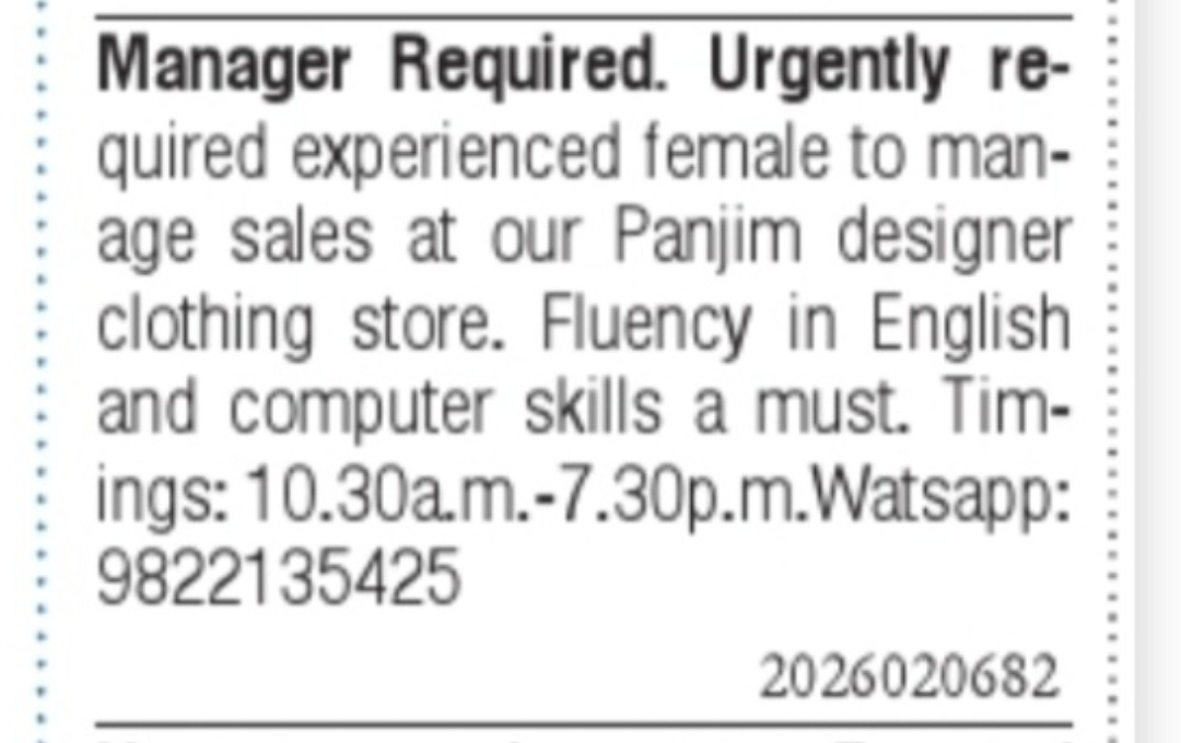 Female Sales Manager Required – Panjim, Goa