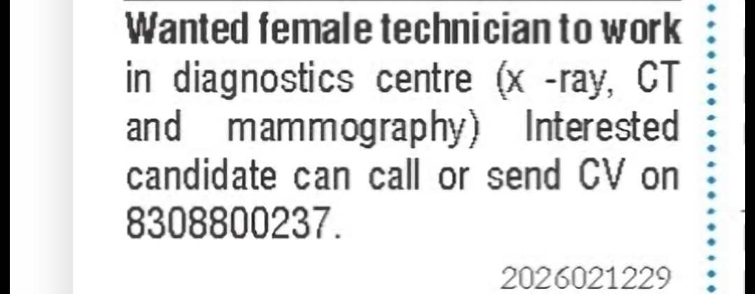 Female Technician Required – Diagnostic Centre