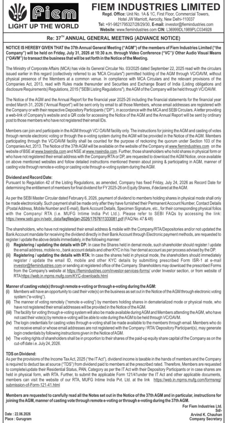 Fiem Industries Limited – 37th Annual General Meeting Notice