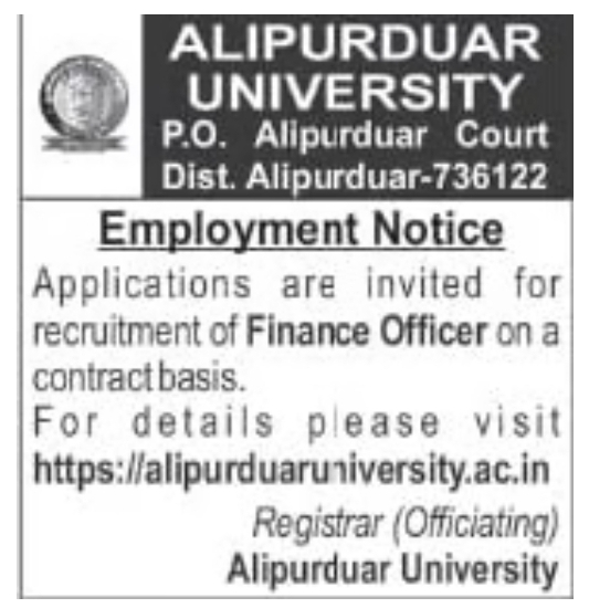 Finance Officer Recruitment – Alipurduar University (Contract Basis)