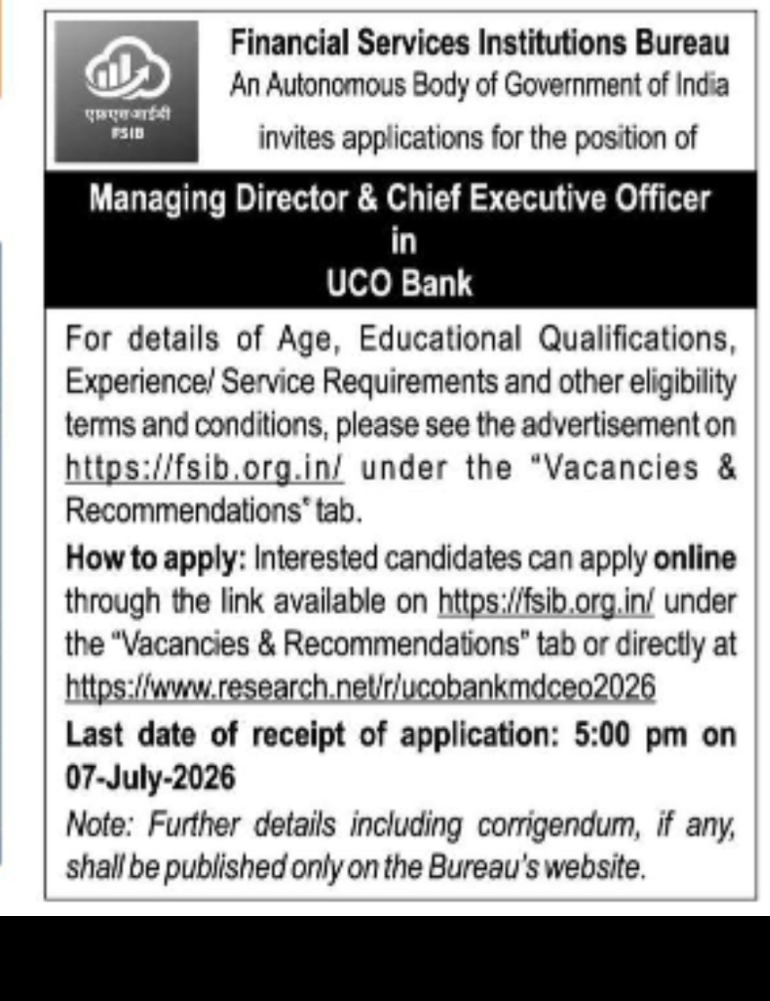 Financial Services Institutions Bureau (FSIB) – Managing Director & Chief Executive Officer, UCO Bank