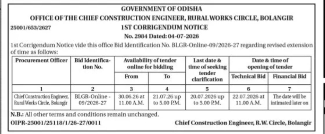 First Corrigendum Notice – Extension of Tender Submission Schedule
