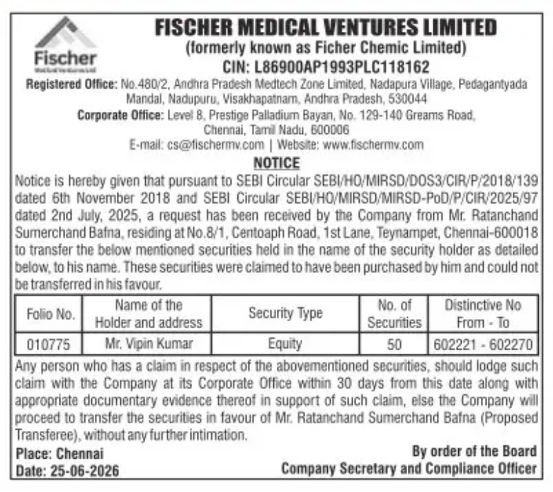 Fischer Medical Ventures Limited – Public Notice for Transfer of Securities