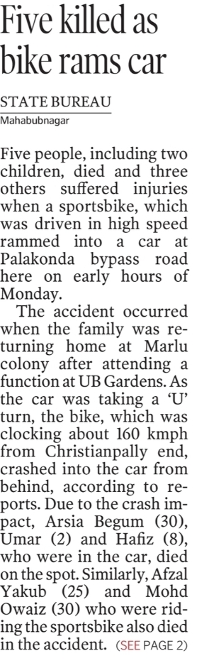 Five killed as bike rams car