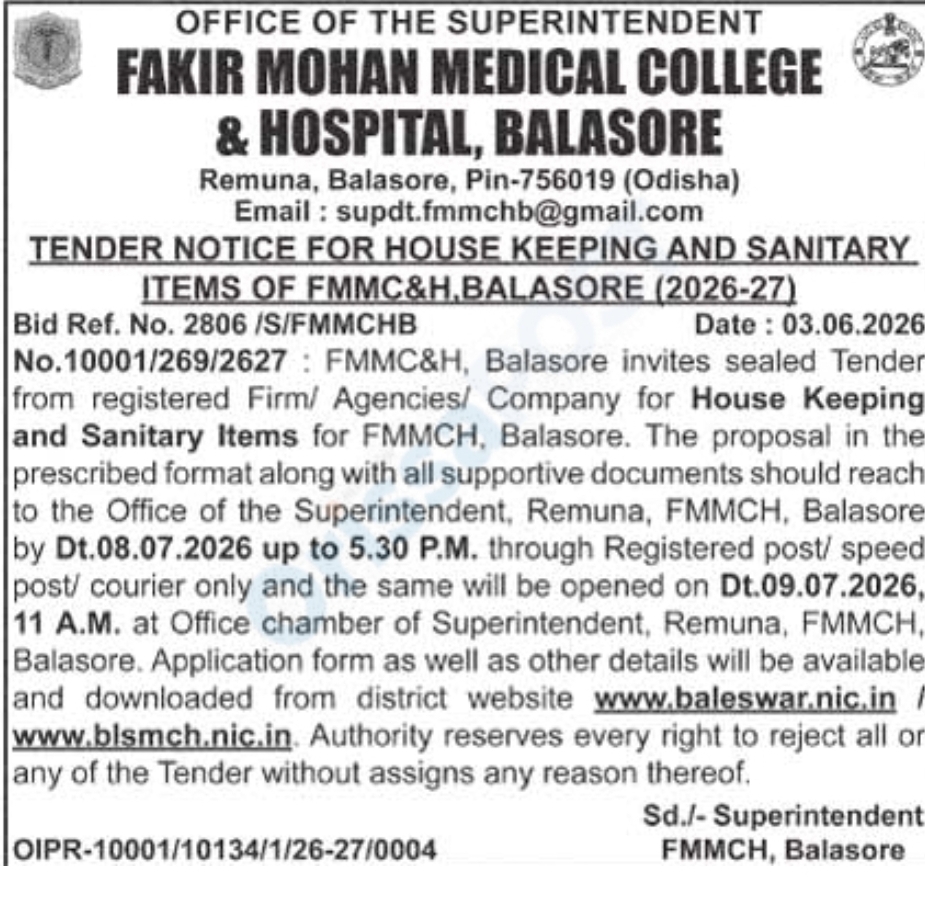 FMMCH Balasore Invites Tenders for House Keeping and Sanitary Items for 2026-27