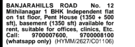 FOR RENT – BANJARA HILLS ROAD NO. 12