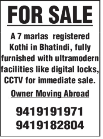 FOR SALE – 7 Marlas Registered Kothi in Bhatindi
