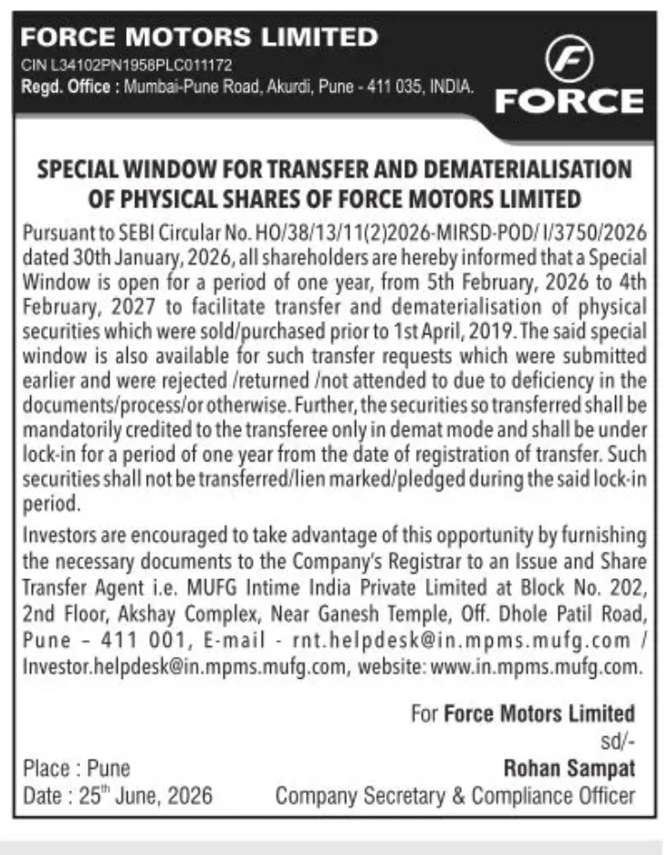 Force Motors Opens Special Window for Transfer & Dematerialisation of Physical Shares