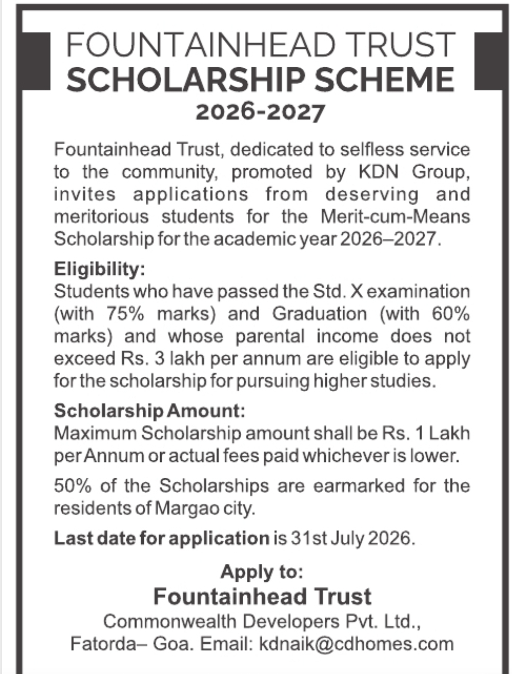 Fountainhead Trust Merit-cum-Means Scholarship 2026-27 – Applications Open