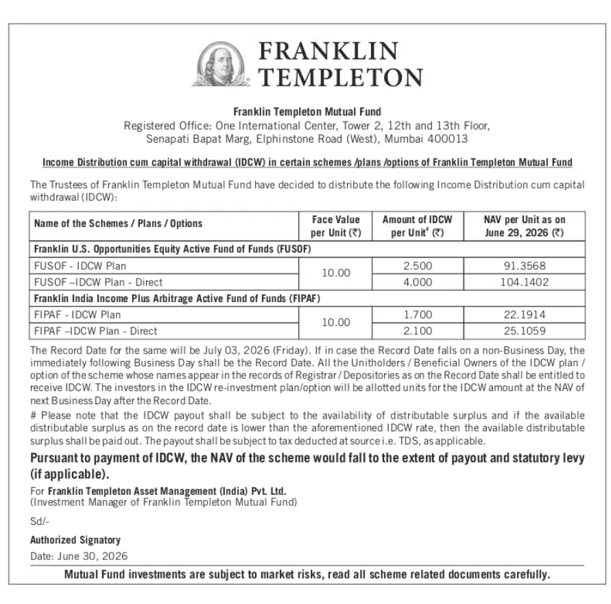 Franklin Templeton Mutual Fund – IDCW Distribution Notice for Select Schemes