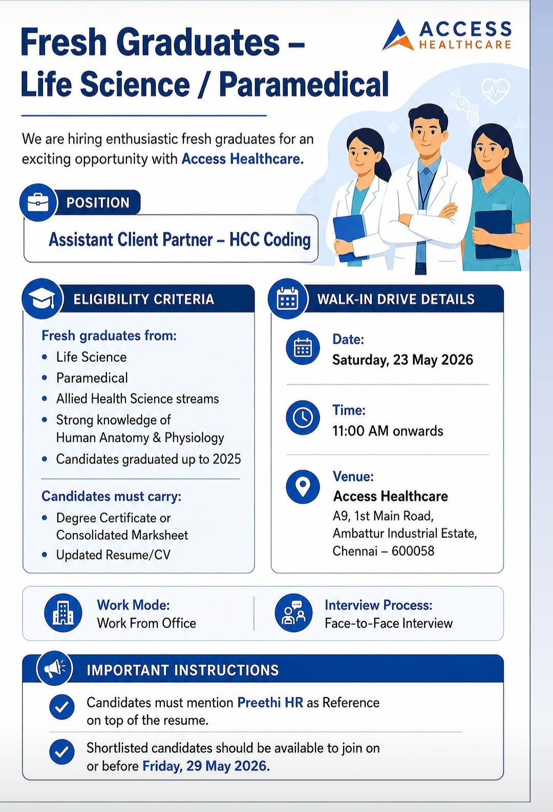 Fresh Graduates Walk-in Drive – Assistant Client Partner (HCC Coding) at Access Healthcare
