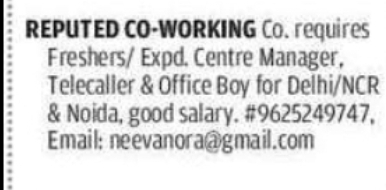 Freshers & Experienced Staff Required – Co-Working Company – Delhi NCR & Noida