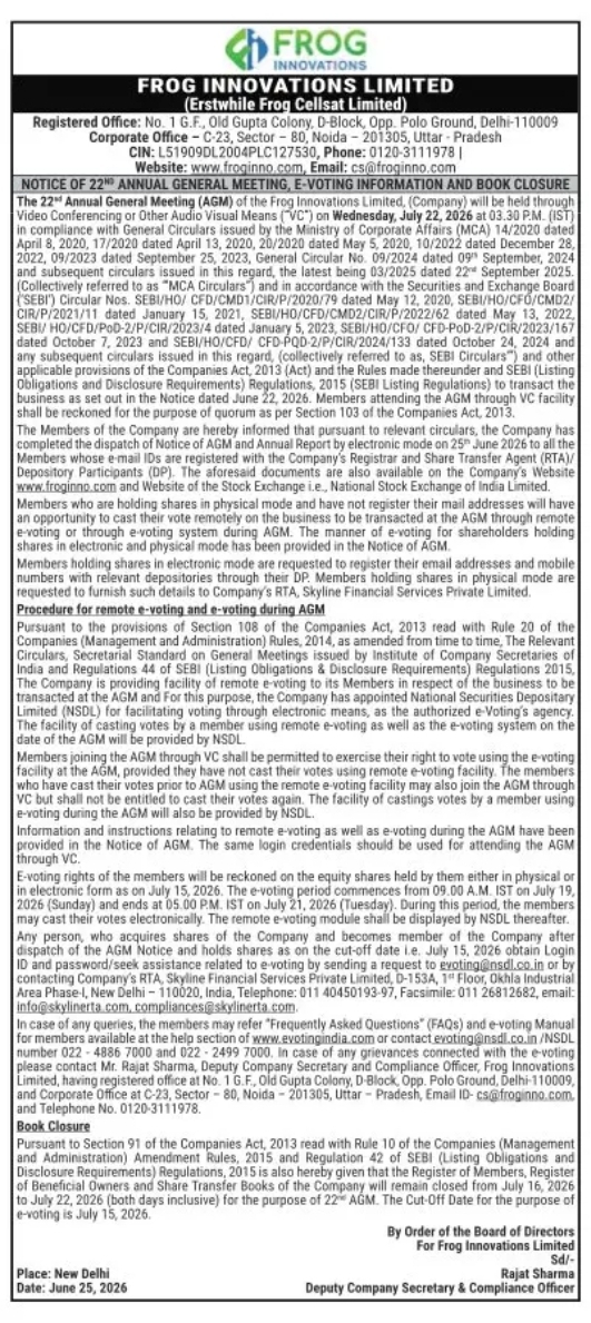 Frog Innovations Limited – 22nd Annual General Meeting (AGM) Notice