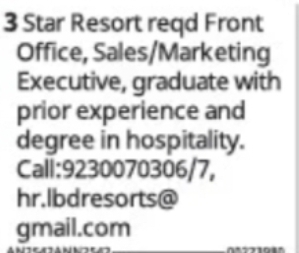 Front Office & Sales/Marketing Executive – 3 Star Resort