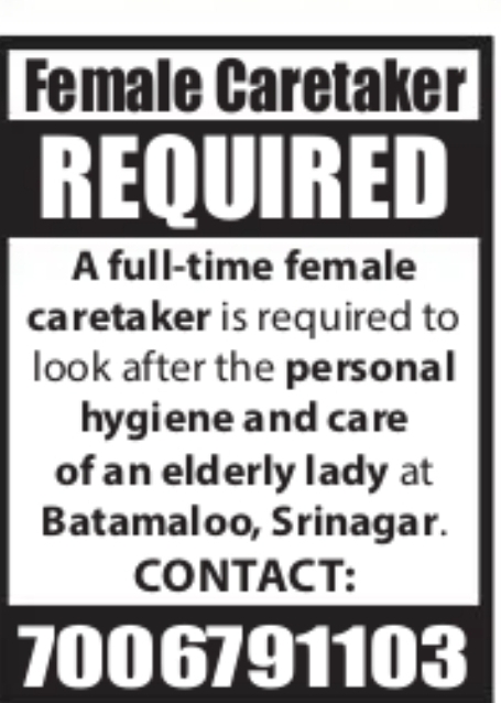 Full-Time Female Caretaker Required – Batamaloo, Srinagar