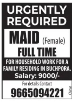 Full-Time Female Maid Required in Buchpora