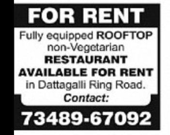 Fully Equipped Rooftop Non-Vegetarian Restaurant for Rent