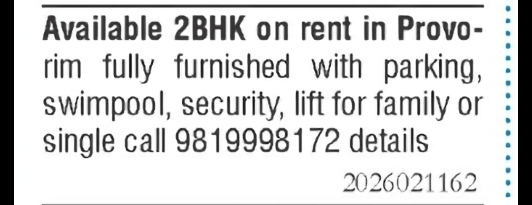 Fully Furnished 2 BHK Apartment for Rent – Porvorim