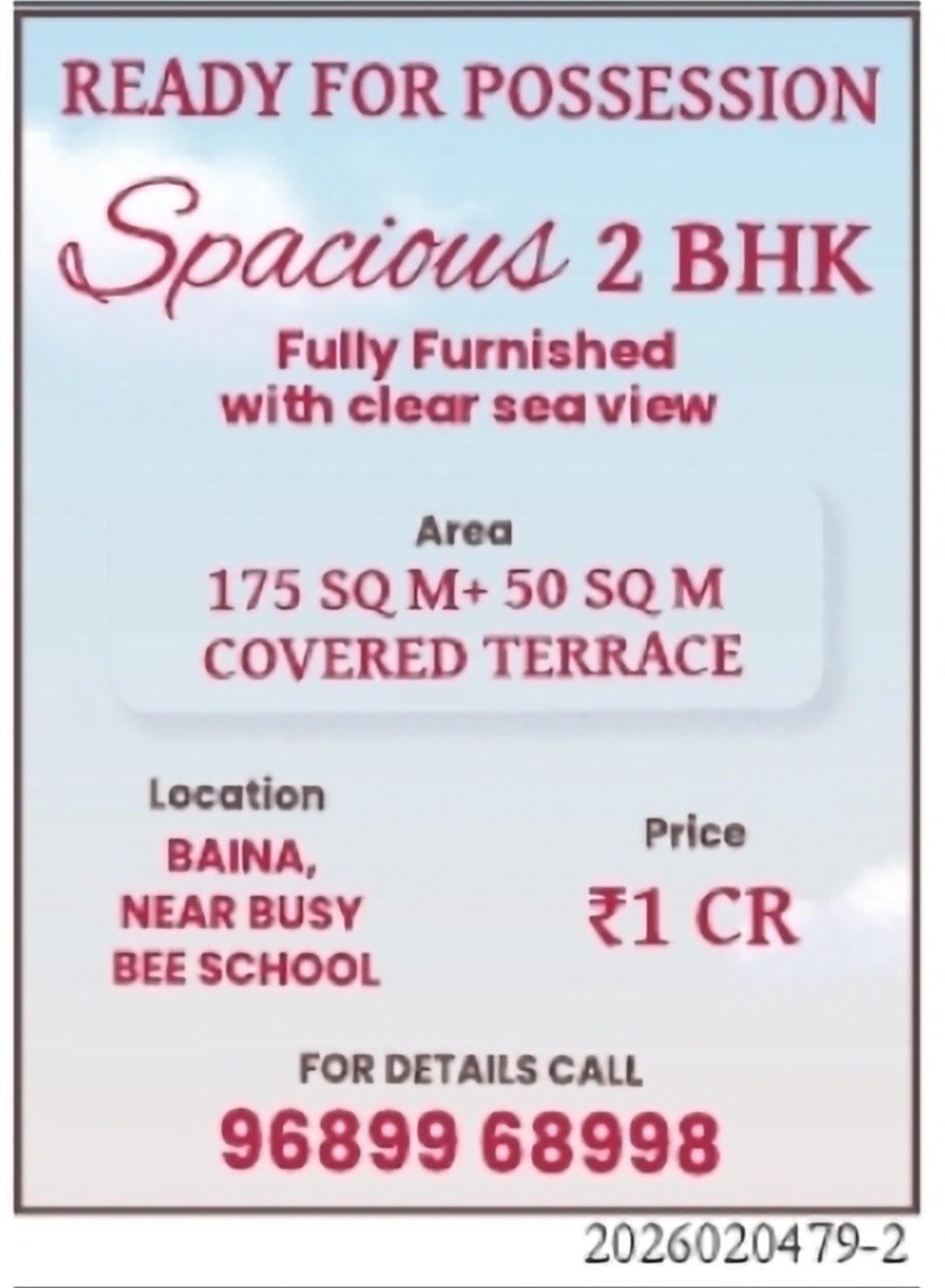 Fully Furnished 2 BHK Sea View Apartment for Sale in Baina