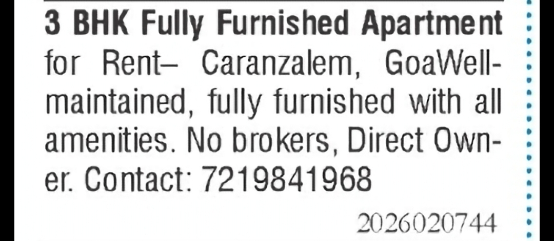 Fully Furnished 3 BHK Apartment for Rent – Caranzalem