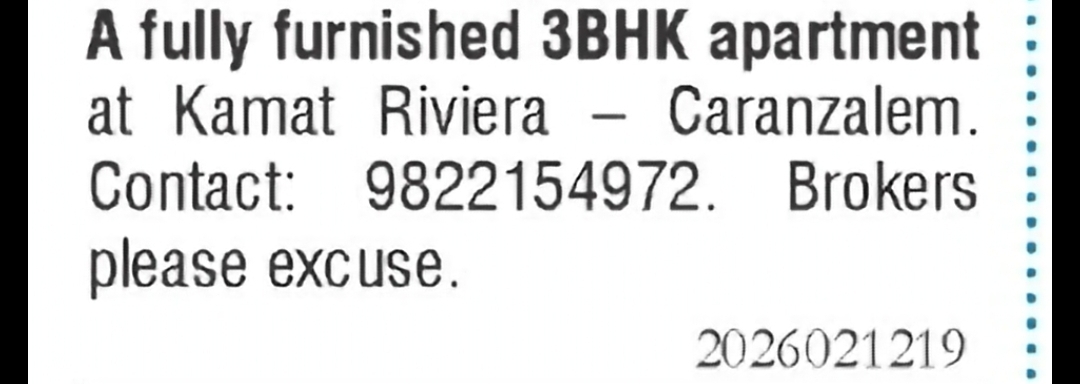 Fully Furnished 3 BHK Apartment for Rent – Caranzalem