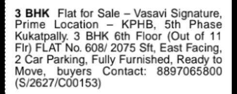Fully Furnished 3 BHK Flat for Sale at Vasavi Signature