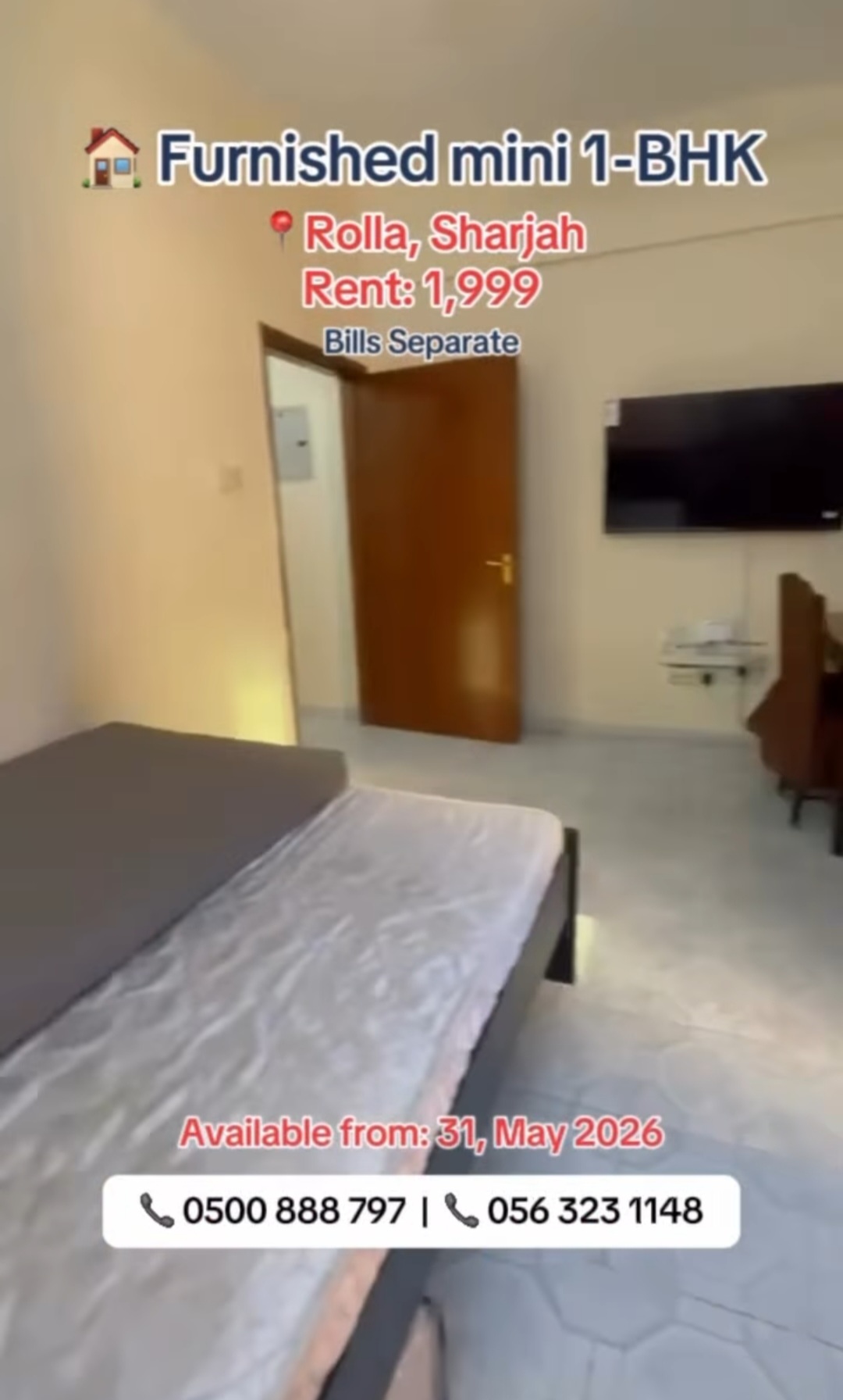 Fully Furnished Mini 1-BHK available for rent in Rolla, Sharjah