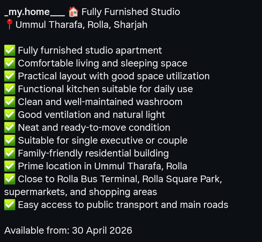 Fully Furnished Studio ◦ Ummul Tharafa, Rolla, Sharjah