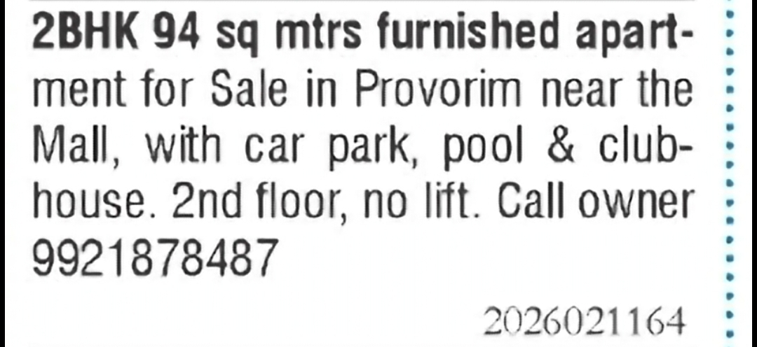 Furnished 2 BHK Apartment for Sale