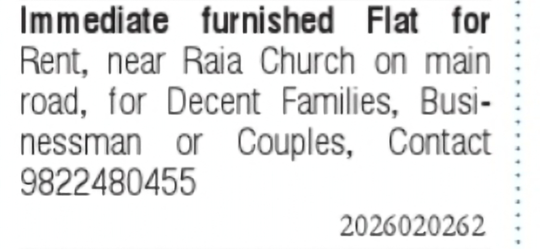 Furnished Flat for Rent – Near Raia Church
