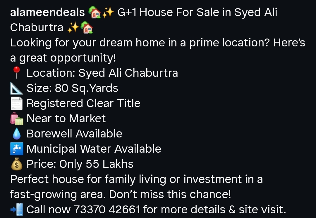 G+1 House for Sale in Syed Ali Chaburtra