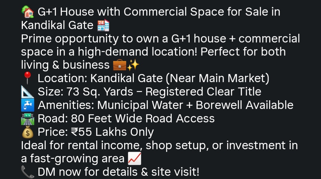 G+1 House with Commercial Space for Sale at Kandikal Gate 🚩