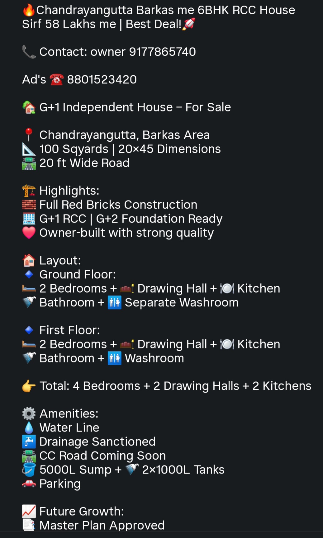 🏠 G+1 Independent House for Sale – Chandrayangutta (Barkas Area)